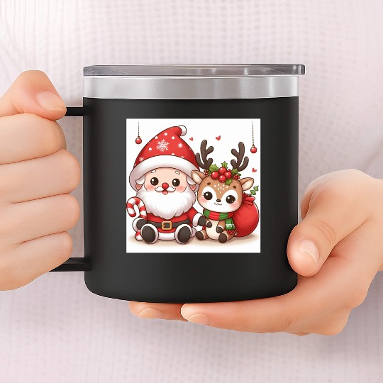 Festive Santa and Reindeer Illustration 14oz Stainless Steel Tumblers