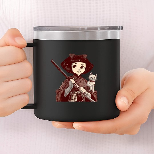Chibi Samurai Warrior Cat Companion & Blossoms 14oz Stainless Steel Tumblers