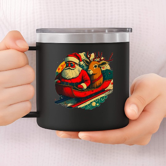 Christmas Santa Claus and Reindeer Vintage Retro 14oz Stainless Steel Tumblers