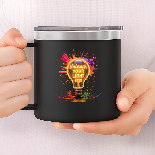 A large starburst glowing in neon light with 2025 14oz Stainless Steel Tumblers