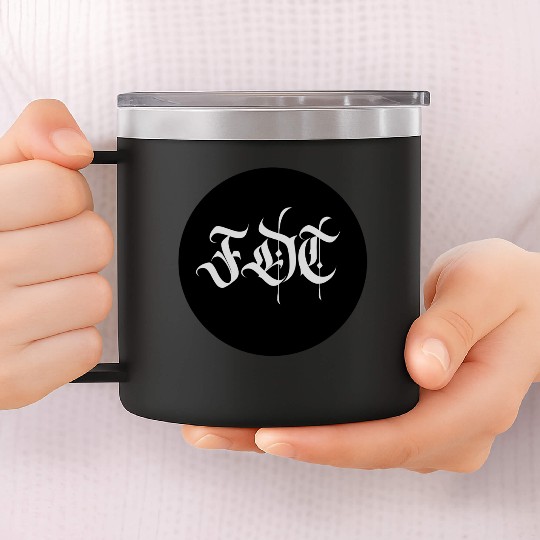 Ornate Gothic Lettering FDT in Light Grey on Black 14oz Stainless Steel Tumblers