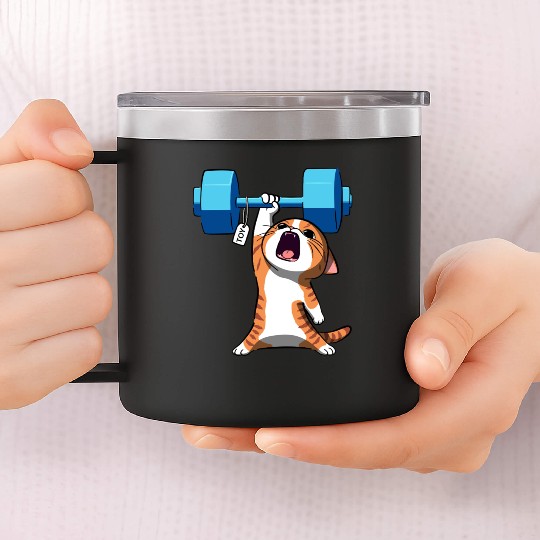 Workout Strength! Tiny Warrior Cat Huge Muscles. 14oz Stainless Steel Tumblers
