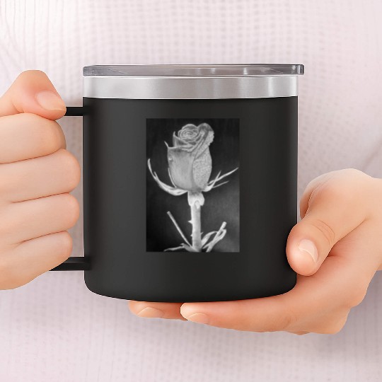 Realistic Graphite Rose & Dew Drawing - RT Art © 14oz Stainless Steel Tumblers
