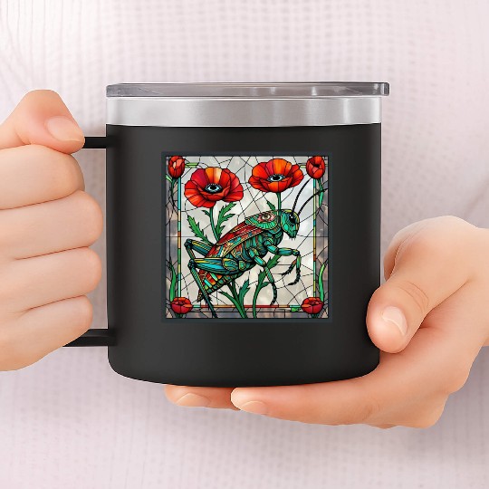 Grasshopper cricket stained glass poppy flower 14oz Stainless Steel Tumblers