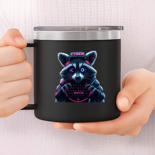 Cyber Raccoon with Neon Mafia Theme 14oz Stainless Steel Tumblers