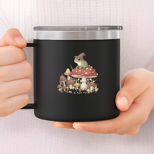 Whimsical Forest Frog in Magic Mushroom Scene 14oz Stainless Steel Tumblers