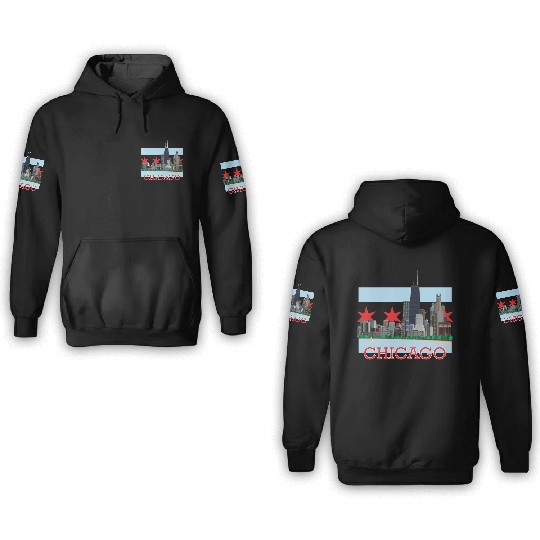 Chicago Skyline and Flag 3D Hoodies