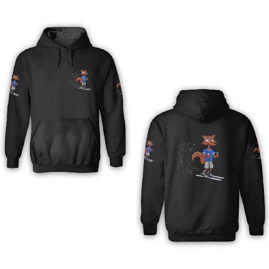 Winter fox goes skiing with polls and boots blue 3D Hoodies