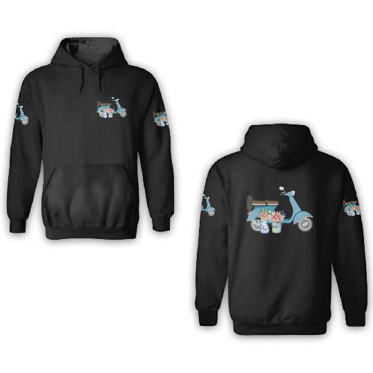 Blue Retro Scooter With Tulips Art Design 3D Hoodies