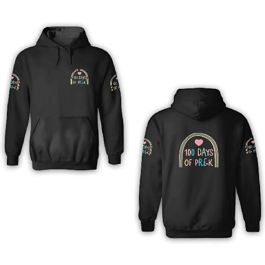 School 3D Hoodies, 100 Days Of Pre-K Rainbow Heart 3D Hoodies