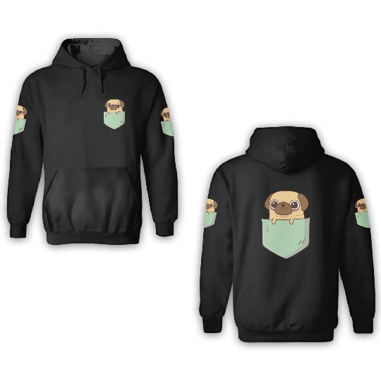 Cute Little Pug In Green Pocket 3D Hoodies
