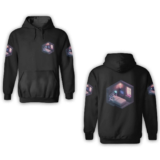 Isometric Voxel Bedroom - Synthwave Future Room 3D Hoodies