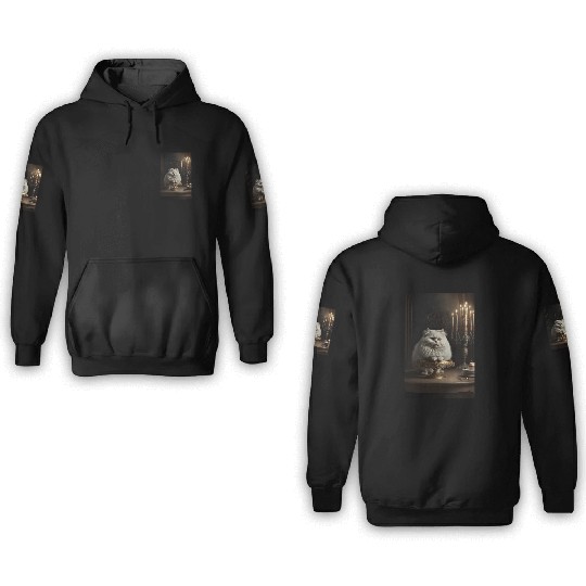 A white cat sitting on top of a table to cake 3D Hoodies