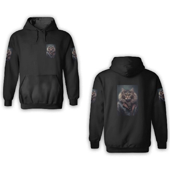 LaPerm Cat Breed Portrait wears a leather jacket 3D Hoodies