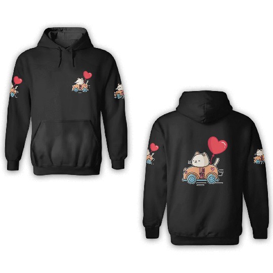 Cute cat in the love car, and love balloon - white 3D Hoodies