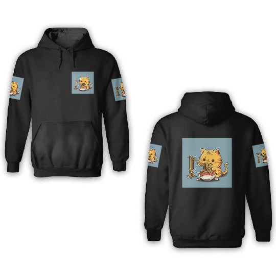 Japanese cat eating spaghetti 3D Hoodies