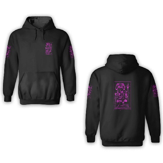 Neon Pink Video Game Controller Blueprint 3D Hoodies