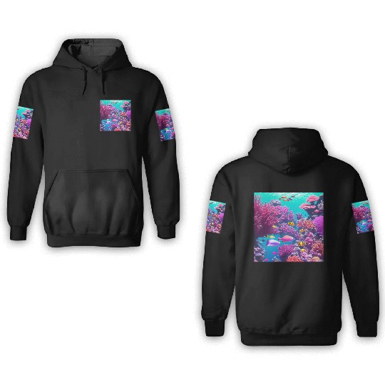 Viral magenta coral reef with tropical fish 3D Hoodies