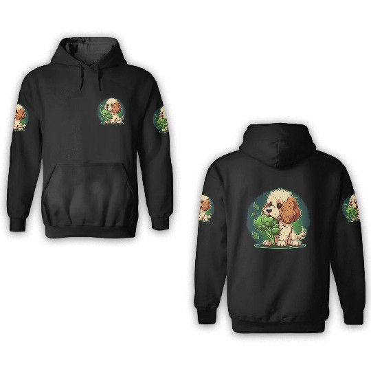 Cute dog eats green broccoli vegetables 3D Hoodies