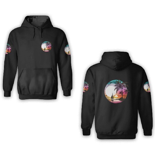 Beach Sunset Sailboat Palm Trees Ocean Vacation 3 3D Hoodies