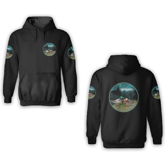 Duck couple in the duck pond at night & moonlight 3D Hoodies