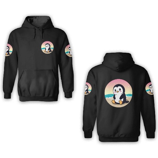 Beach penguin at sunset 3D Hoodies
