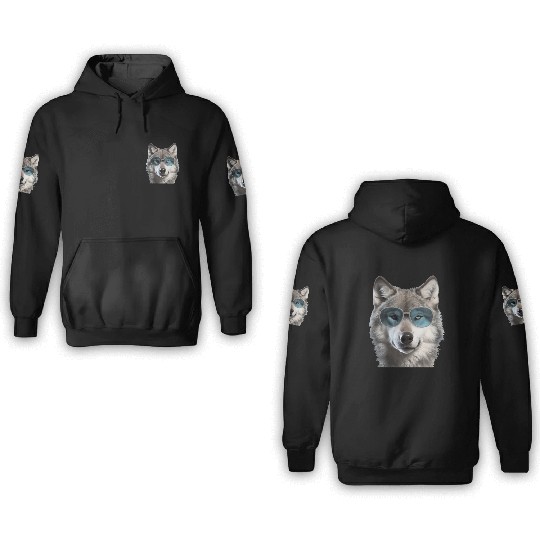 Grey Wolf Wearing Blue Sunglasses Wildlife Animal 3D Hoodies