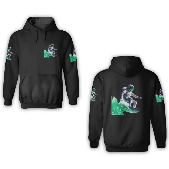 Green waves surfing astronaut 3D Hoodies