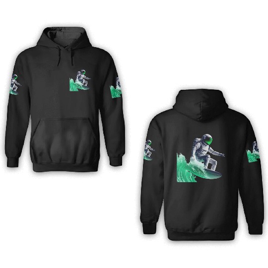 Green waves surfing astronaut 3D Hoodies