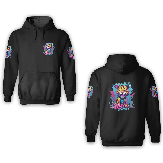 Vibrant Synthwave Sabertooth Tiger Graffiti Kids 3D Hoodies