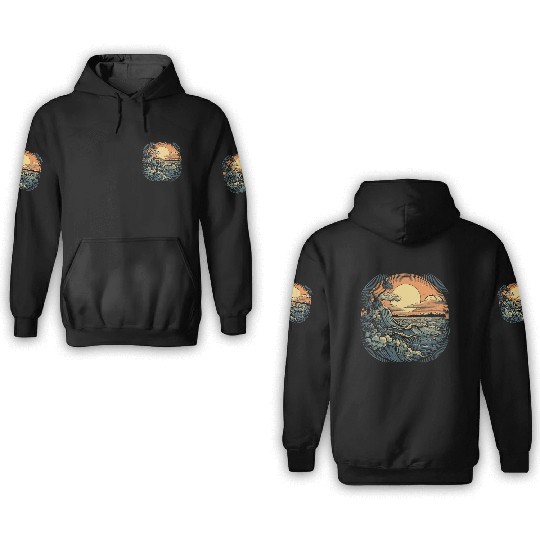 serene ocean sunset with large waves (4) 3D Hoodies
