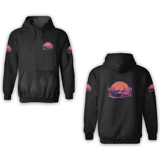 Cyberpunk car in sunset cityscape 3D Hoodies
