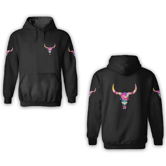 Cow 3D Hoodies, Cow Skull Tie Dye Watercolor 3D Hoodies, Cow