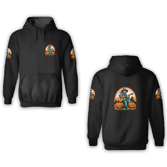 Happy Halloween scarecrow plays guitar 3D Hoodies