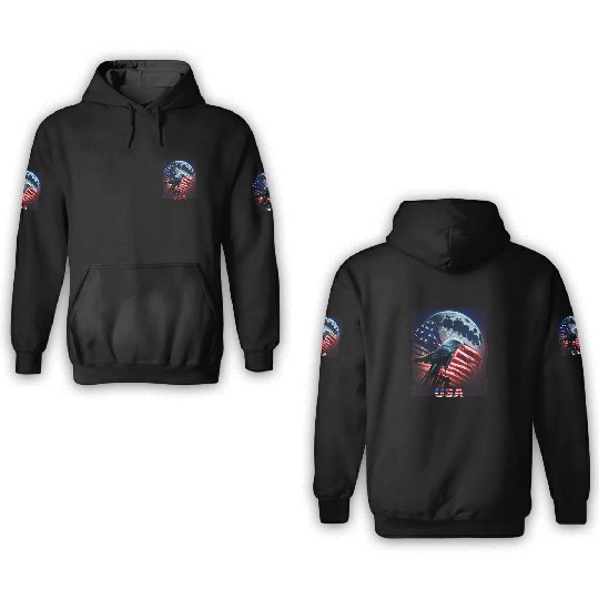 America eagle under Moon with American Flag 3D Hoodies
