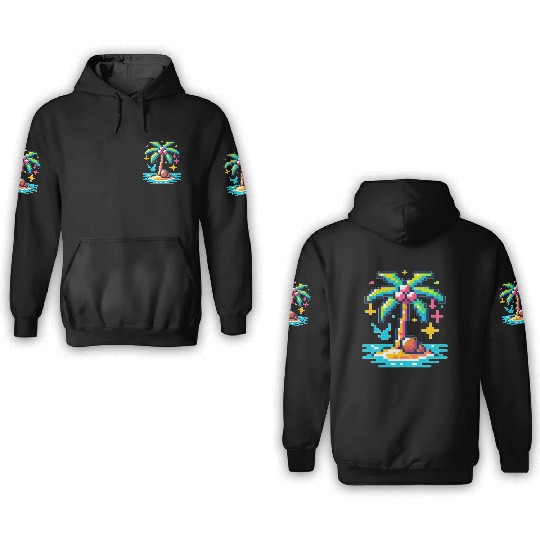 Digital Beach Getaway: Pixel Palm Paradise 3D Hoodies