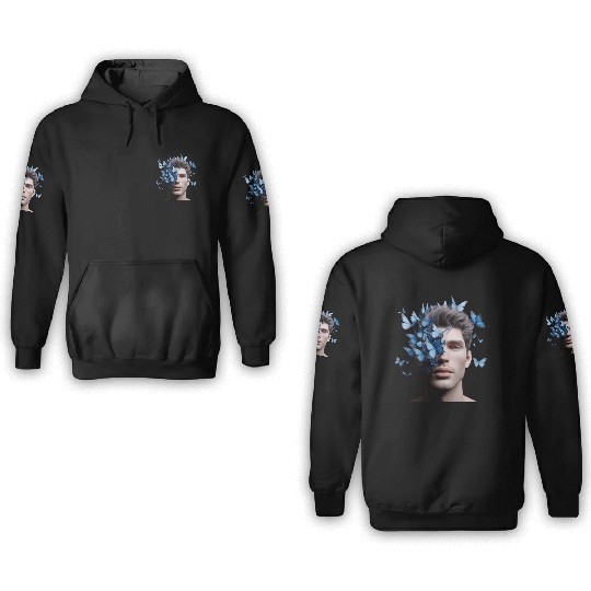 Male Face with Blue Butterflies 3D Hoodies
