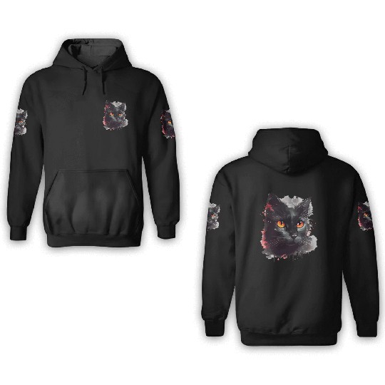 Black Cat Japanese Watercolor Mystery Gaze 3D Hoodies