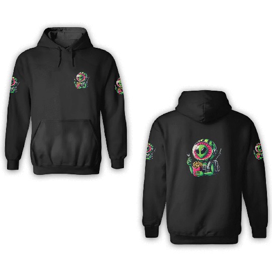 Alien with watermelon helmet eats fries 3D Hoodies