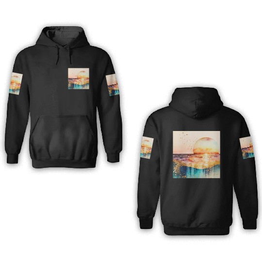 Sunset Beach Watercolor Painting 3D Hoodies
