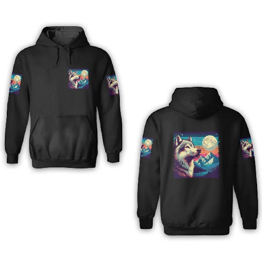Retro Wolf Gazing at the Moon 3D Hoodies