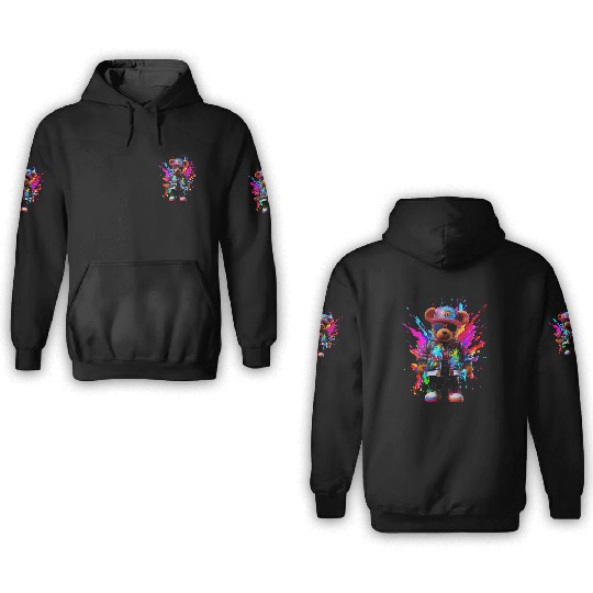 Watercolor Hip Hop Teddy Bear Colorful Splash Art 3D Hoodies