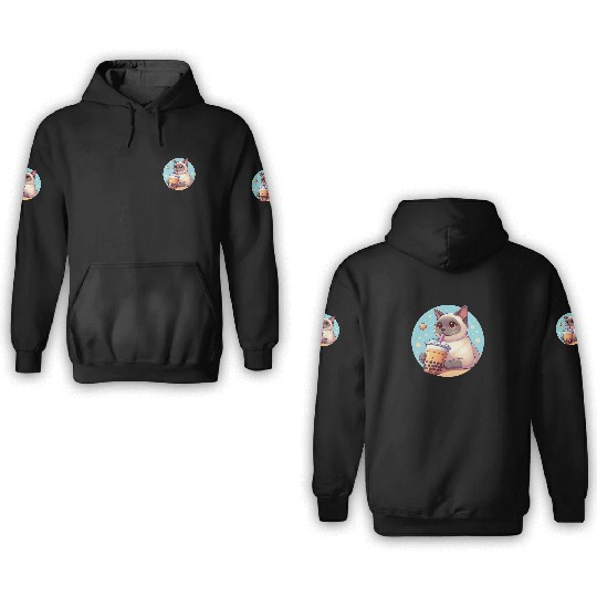 Siamese cat having bubble tea 3D Hoodies