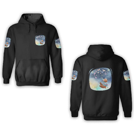 Teddy Bear Up To Sky Using Butterfly Excited 3D Hoodies