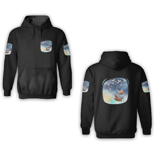 Teddy Bear Up To Sky Using Butterfly Excited 3D Hoodies