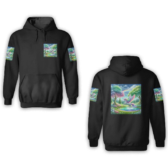 Enchanted Rainbow Unicorn Over Sparkling Pond 3D Hoodies