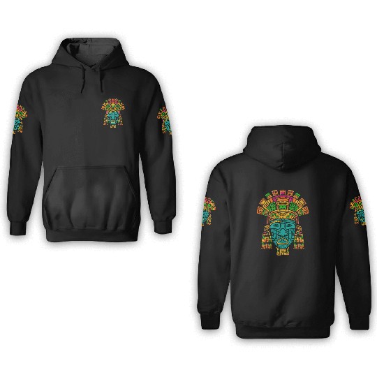 Aztec God Ancient Mythology Tlaloc Mask Vibrant 3D Hoodies