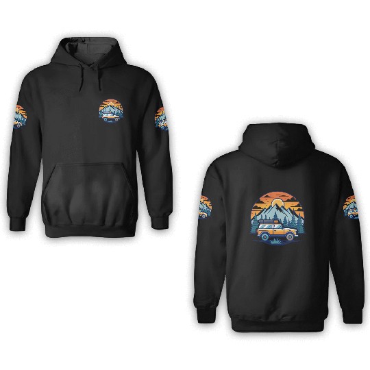 Camper Van parked Lake with Mountains 3D Hoodies