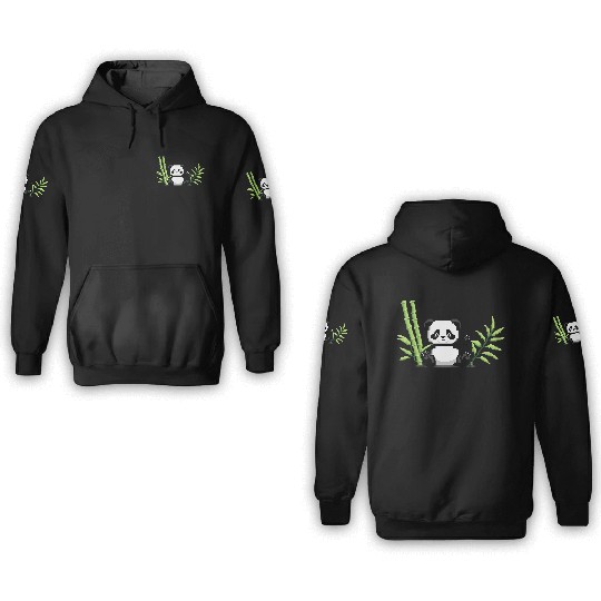 A pixel art of a panda with a bamboo leaf 3D Hoodies