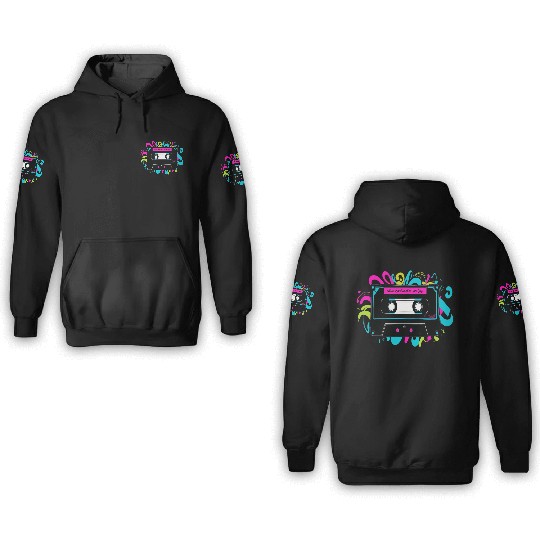 Retro Neon Cassette Tape with Vibrant Splash 3D Hoodies
